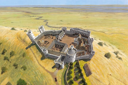 The castle as it may have appeared in about 1370 with estuarine flats stretching into the distance