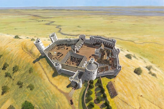 The castle as it may have appeared in about 1370 with estuarine flats stretching into the distance The castle as it may have appeared in about 1370 with estuarine flats stretching into the distance