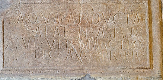 An inscription recording an aqueduct (‘aqua adducta’) erected at Chesters by the auxiliary cavalry unit, the ala II Astrum, when Ulpius Marcellus was governor of Britain (AD 178–84)