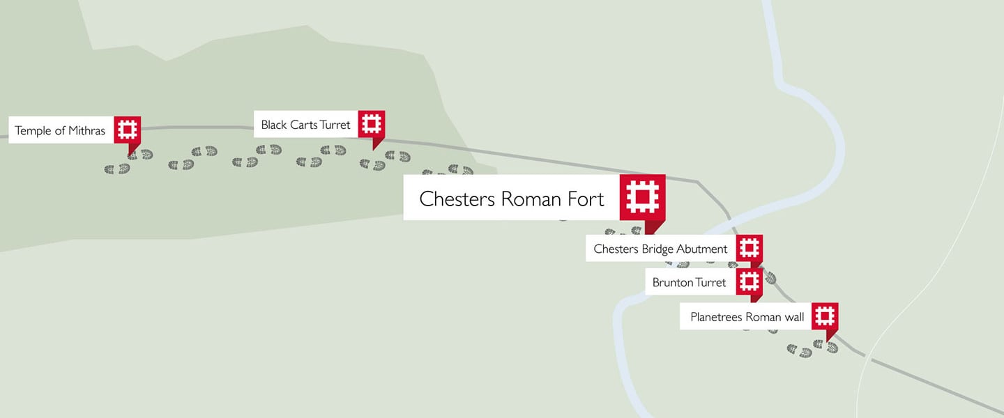 A map showing sites worth visiting along the Chesters section of Hadrians Wall