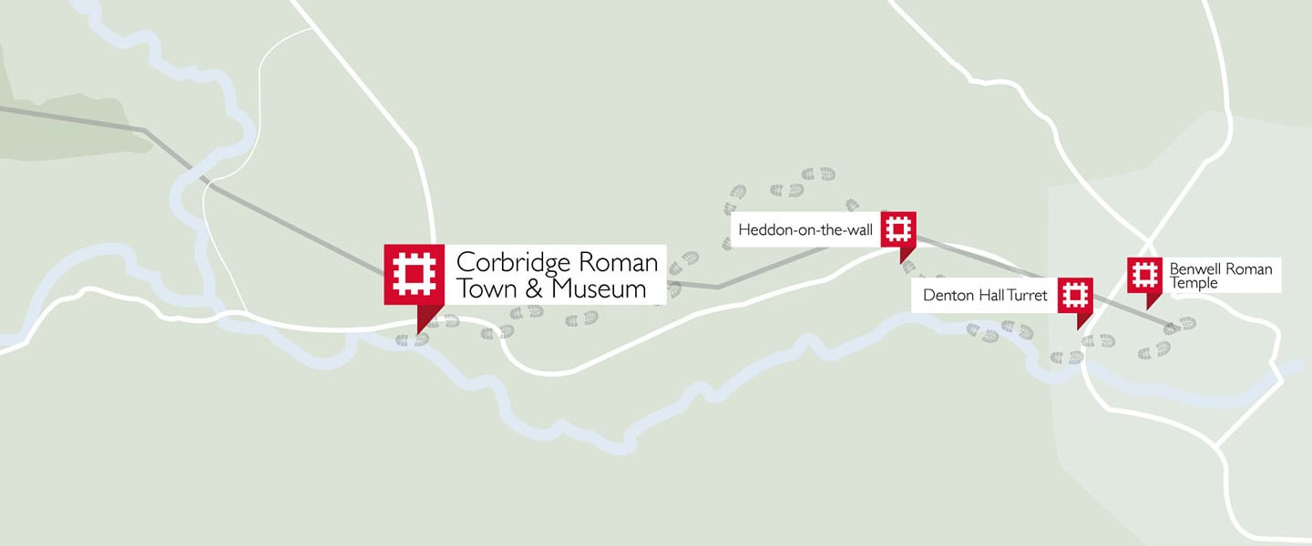 A map showing sites worth visiting along the Corbridge section of Hadrians Wall