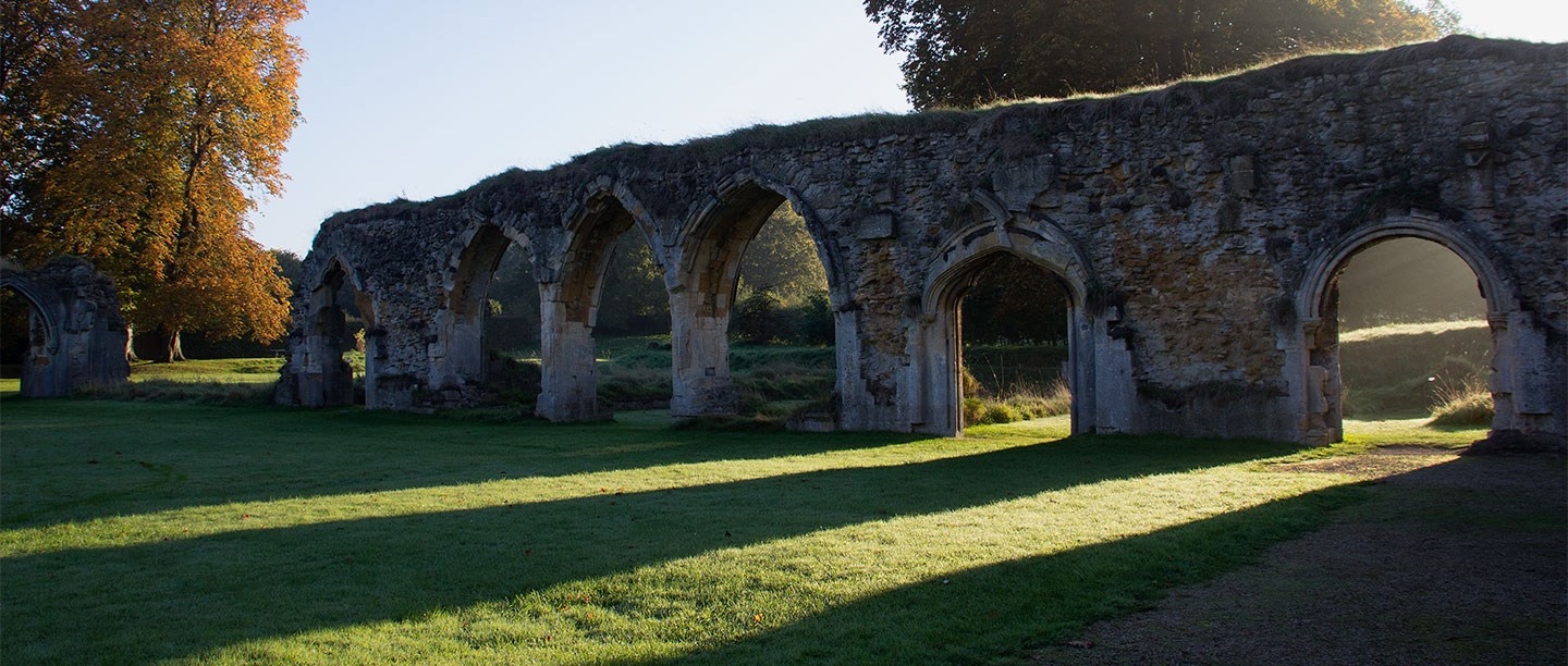 View of early morning sunlight shining through vaulted archways onto dewy grass