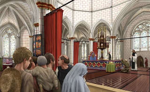 An artist’s impression of an abbey church, with pilgrims waiting in foreground and a shrine visible in middle distance