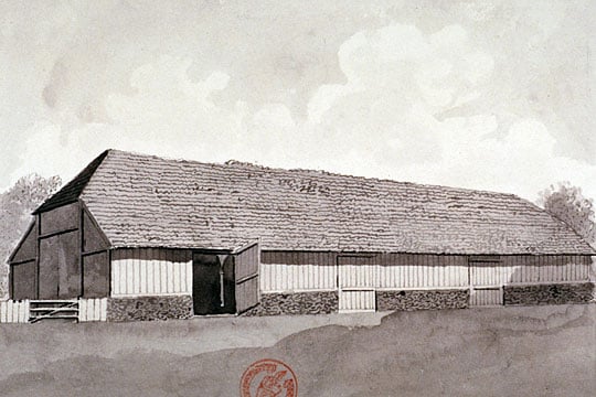 Harmondsworth Barn in 1792, looking in good repair and one of its side doors open - there is a red archive stamp to the lower edge