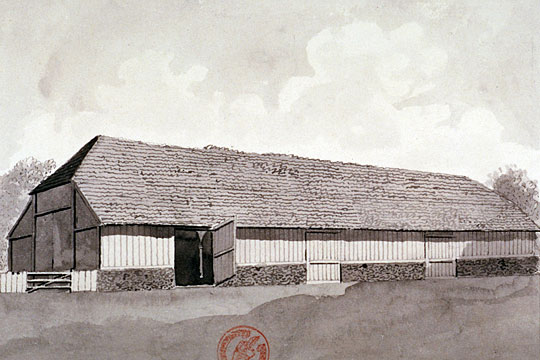 Harmondsworth Barn in 1792, looking in good repair and one of its side doors open - there is a red archive stamp to the lower edge Harmondsworth Barn in 1792, looking in good repair and one of its side doors open - there is a red archive stamp to the lower edge