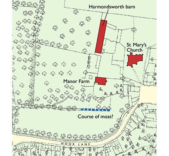 Map of Harmondsworth in 1894 with St Mary's Church, Manor Farm and the barn highlighted as well as the possible course of a moat Map of Harmondsworth in 1894 with St Mary's Church, Manor Farm and the barn highlighted as well as the possible course of a moat