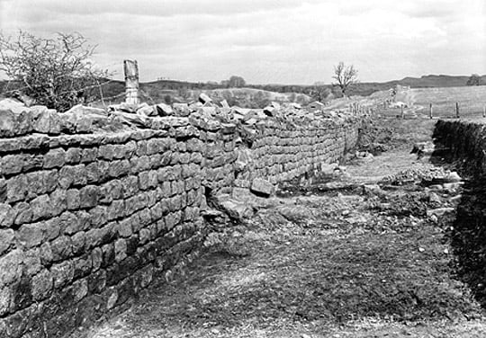 Black and white photograph of Hadrians Wall east of Birdoswald