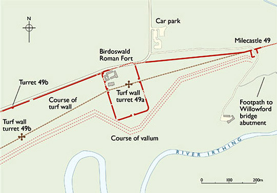 Schematic plan of the area between Birdoswald Roman Fort and the river Irthing