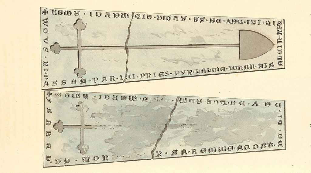 The matching grave slabs of Isabel de Mortimer and John FitzAlan, depicted in a 19th-century drawing