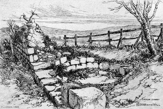 Drawing by CJ Spence, 1884, of the corn-drying kiln built into the Wall at Heddon Drawing by CJ Spence, 1884, of the corn-drying kiln built into the Wall at Heddon