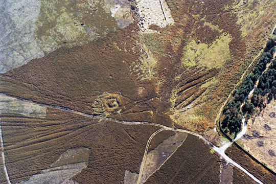 Aerial view of Hob Hursts House, high in the moorlands of the Peak District