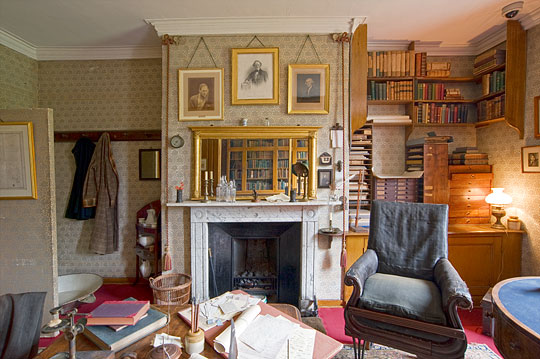 Darwin's Old Study, with portraits of Joseph Hooker, Charles Lyell and Josiah Wedgwood about the fireplace
