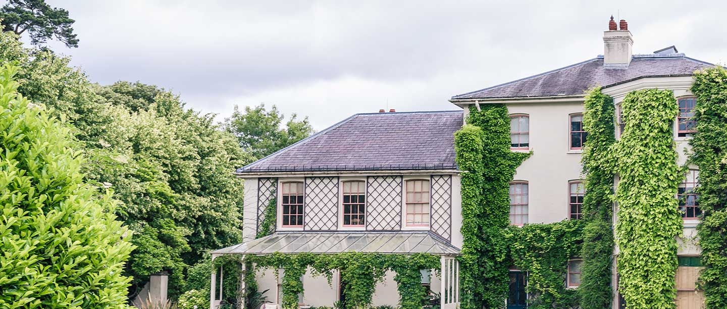 Down House appears large and creamy coloured, with heavy bright green plants growing up to a slate roof