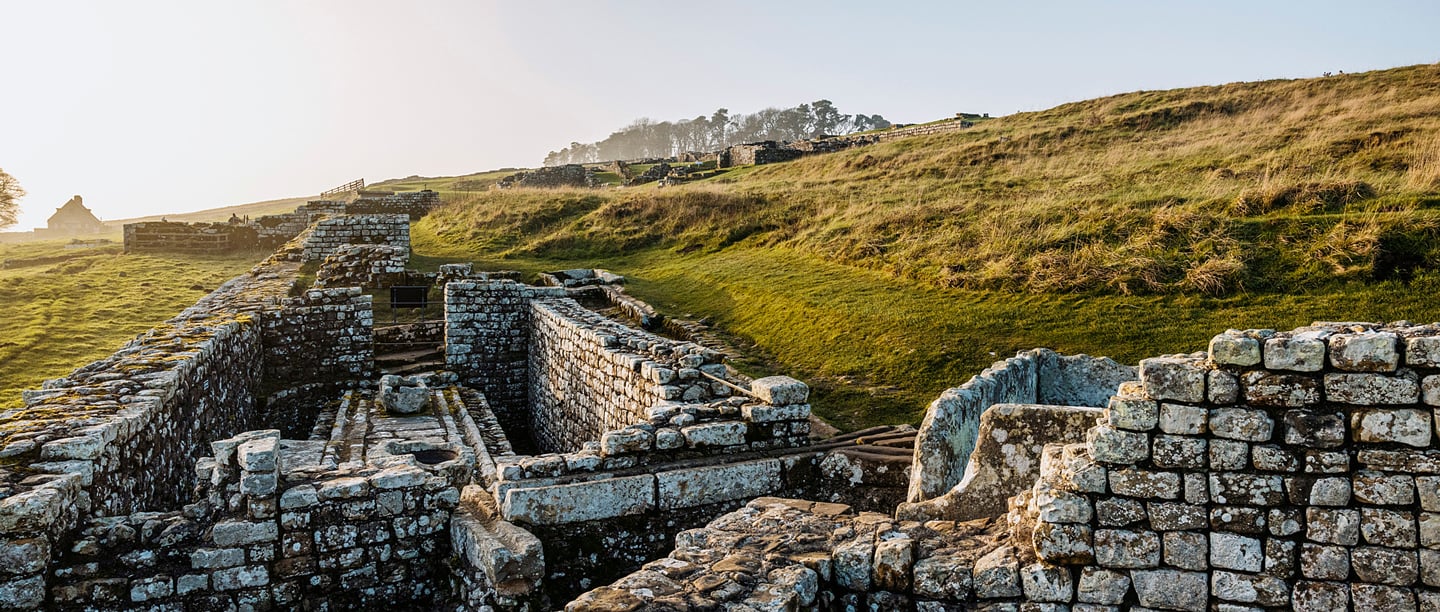 A view of Housesteads Roman Fort on a sunny morning.