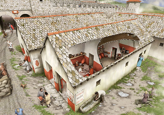 Artist's reconstruction of vicus buildings 1 and 2 at Housesteads Roman Fort, with a cutaway roof section allowing a view of the busy inhabitants