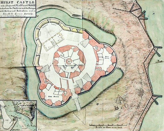 Coloured plan of Hurst Castle in 1750, drawn by JP Desmaretz, showing the three bastions still surrounded by a moat Coloured plan of Hurst Castle in 1750, drawn by JP Desmaretz, showing the three bastions still surrounded by a moat