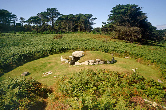 The substantial kerb and massive capstones of the Upper Burial Chamber, in a grassy clearing among the bracken The substantial kerb and massive capstones of the Upper Burial Chamber, in a grassy clearing among the bracken