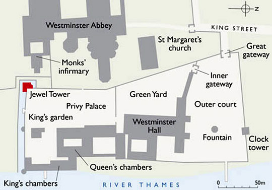 Schematic plan of the Palace of Westminster in about 1400, showing the layout of the principal buildings including the Jewel Tower