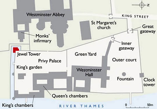 Schematic plan of the Palace of Westminster in about 1400, showing the layout of the principal buildings including the Jewel Tower Schematic plan of the Palace of Westminster in about 1400, showing the layout of the principal buildings including the Jewel Tower