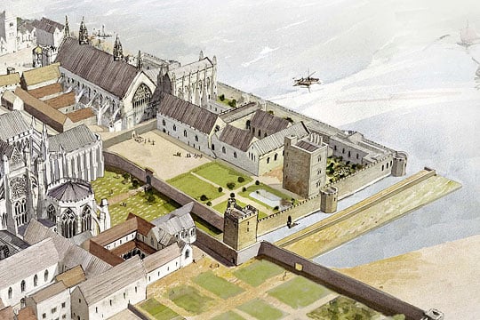 A reconstruction drawing showing the Palace of Westminster in the late 15th century. The Jewel Tower is at the corner of the palace garden