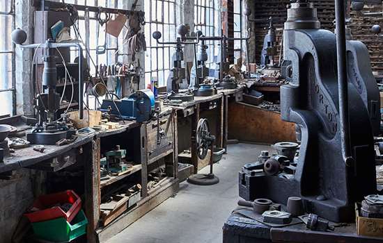 A selection of fly presses in the workshop at J.W. Evans Silver Factory A selection of fly presses in the workshop at J.W. Evans Silver Factory