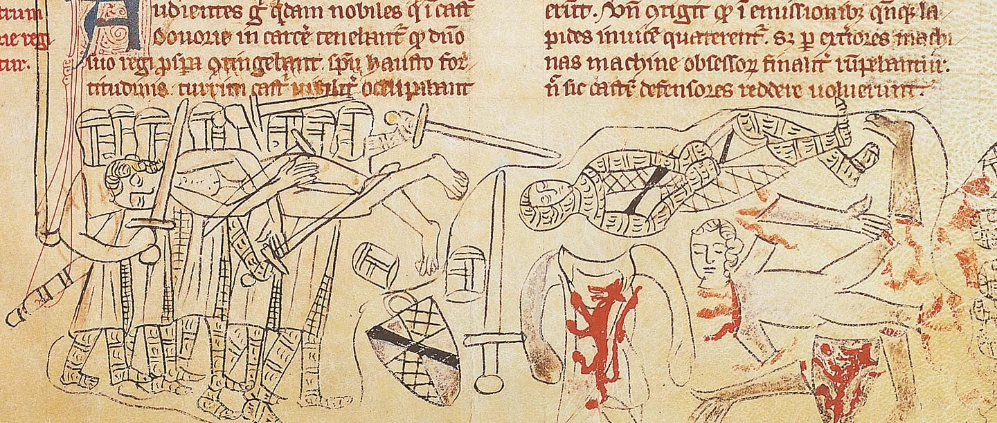 The death of Simon de Montfort at the Battle of Evesham, depicted in a 14th-century manuscript