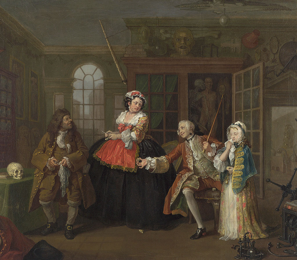 Works of art from the period illustrate how shoe buckles came to be ubiquitous. In this scene from William Hogarth’s Marriage A-la-Mode (c.1743), both the doctor (left) and the nobleman are wearing them