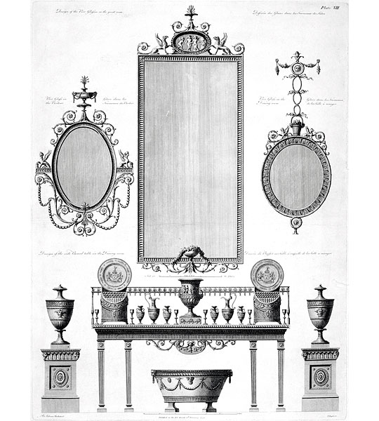 Engraving of Robert Adam's designs for furniture in the entrance hall at Kenwood Engraving of Robert Adam's designs for furniture in the entrance hall at Kenwood