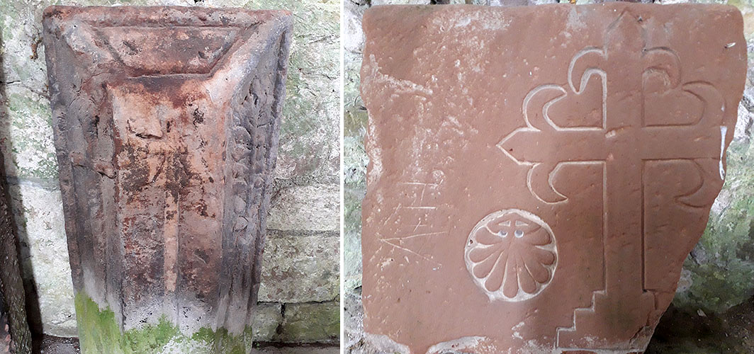 Left: a grave cover, possibly from the late 12th century, with a small Maltese cross on the top surface. On its left side is a sword, and on the right is a pilgrim’s scrip (purse or satchel) and palm, suggesting the deceased had been on pilgrimage. Right: a fragment of a late 14th- or 15th-century floor slab or tomb chest, bearing a cross with fleur-de-lys terminals. On the left is a scallop, part of the Dacre family crest
