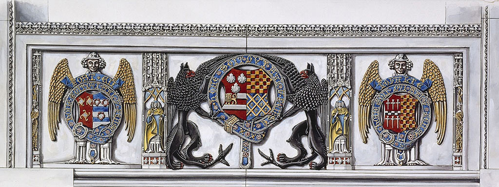 A colour recreation of one side of Thomas and Elizabeth Dacre’s tomb. In the centre are Thomas’s arms (the same as his father’s), held by a pair of griffins and encircled by a garter