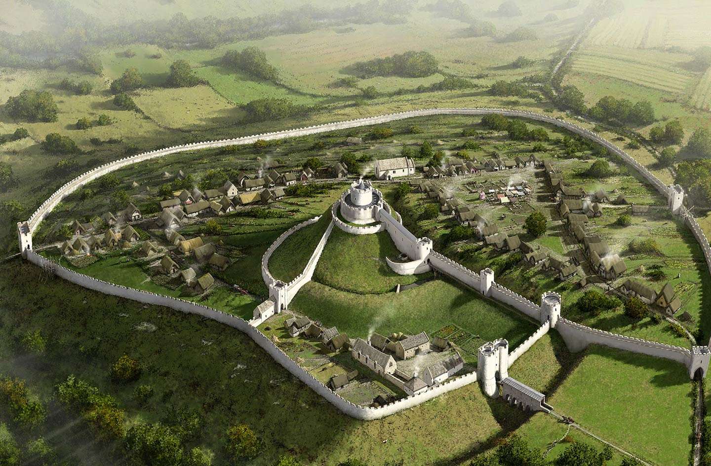 A reconstruction of Launceston Castle and town as they may have looked in about 1270