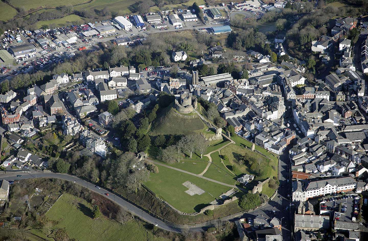 An aerial view of Launceston Castle and town