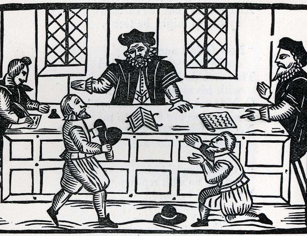 A woodcut from about 1600 showing a judge, lawyers and litigants in a courtroom. County assizes were held at Launceston Castle at this time