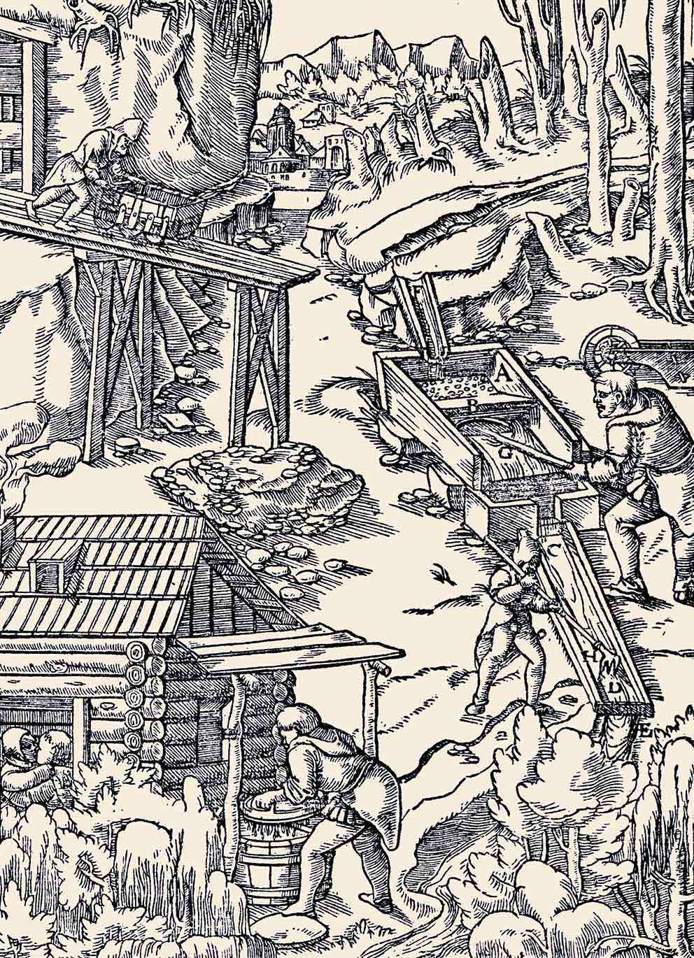 A 16th-century woodcut showing tin-streaming – the normal method of recovering shallow deposits of tin in the Middle Ages