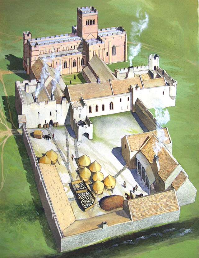Reconstruction showing how the Lindisfarne priory buildings may have looked in about 1500
