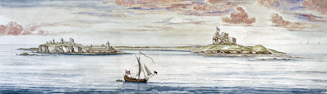 A Painting of about 1673 of the harbour defences at Lindisfarne Priory viewed from the sea