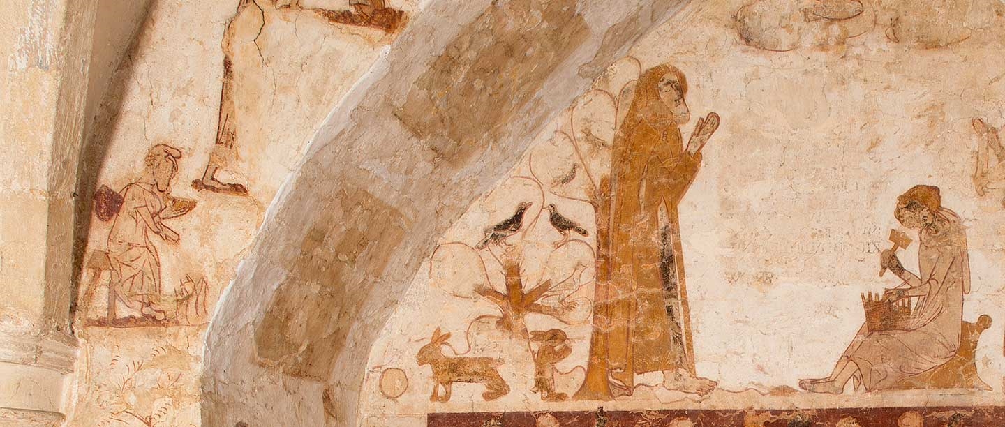 Detail of wall-painting on the west wall of Longthorpe Tower, a scene from the life of St Anthony