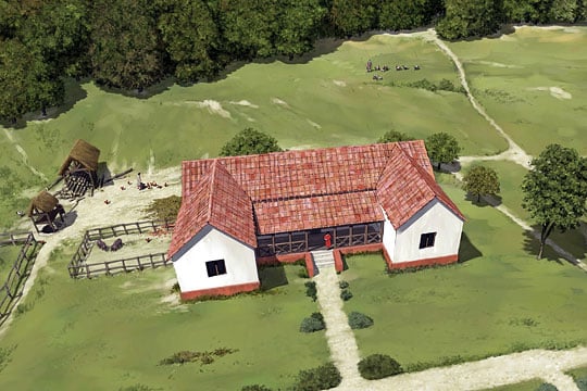 Reconstruction painting bird's eye view of the first Lullingstone Roman villa, dating from about AD 100
