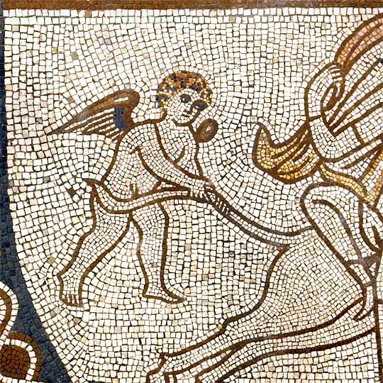 Detail of the apse Rape of Europa mosaic depict events from Virgil's Aeneid and suggests that the owner of Lullingstone Roman Villa was familiar with Latin literature Detail of the apse Rape of Europa mosaic depict events from Virgil's Aeneid and suggests that the owner of Lullingstone Roman Villa was familiar with Latin literature