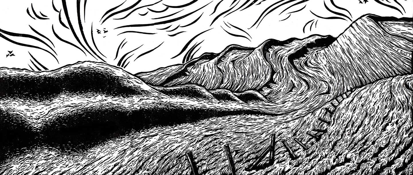 Black and white lino cut illustration representing the folding curves of Maiden Castle's ramparts