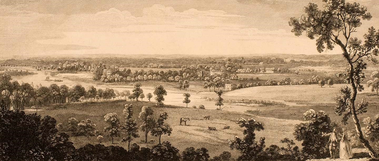A View from the Summer House in Richmond Park up the River Thames, engraving by Peter Paul Benazech after John Baptiste Claude Chatelain, c.1755 (© Historic England)