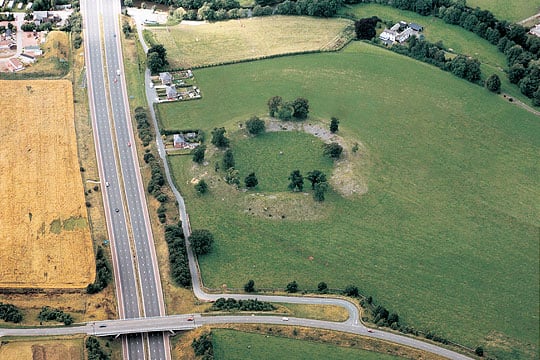Aerial view of Mayburgh Henge with M6 road passing by to the south west