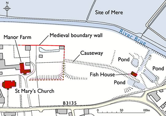Plan map showing the position of the Fish House relative to St Mary's Church and Manor Farm Plan map showing the position of the Fish House relative to St Mary's Church and Manor Farm