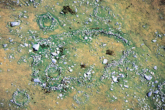 Some of the houses of the Bronze Age settlement, seen from the air Some of the houses of the Bronze Age settlement, seen from the air