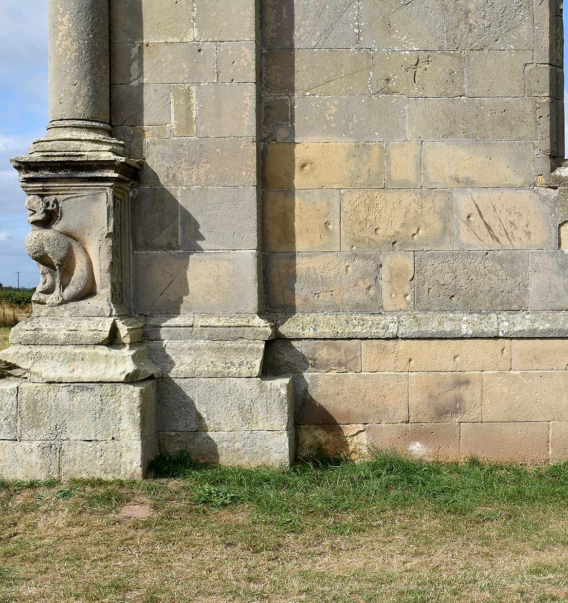 Small circular scars on the wall of the castle, created by the impact of lead shot, possibly during the fighting at Moreton Corbet in 1644