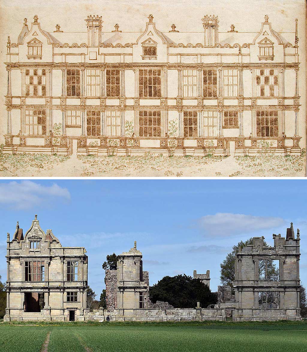 The south range of Moreton Corbet Castle, as drawn in about 1700 (top) and (below) viewed from the same angle today