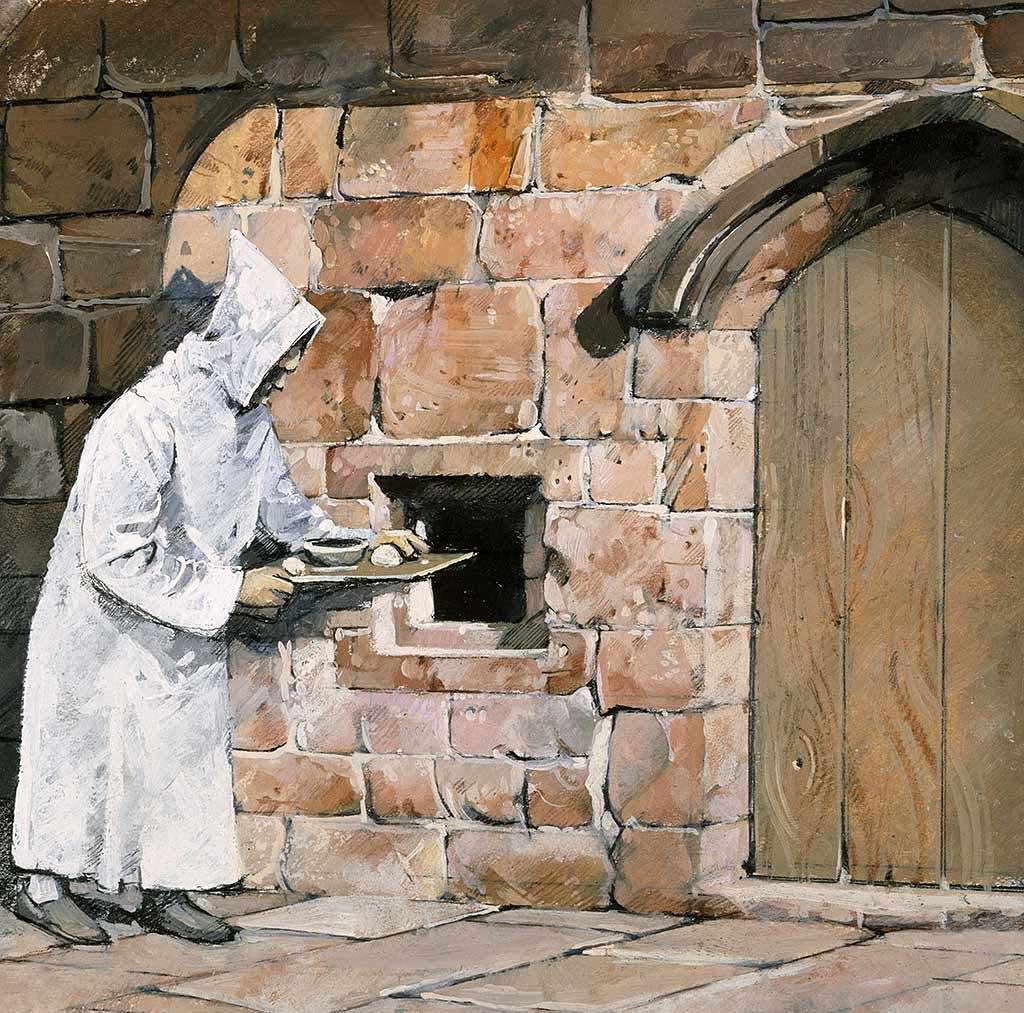 Illustration of a Carthusian lay brother taking food to the hatch of a monk’s cell