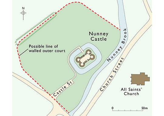 A plan of the castle showing the possible extent of its walled outer court A plan of the castle showing the possible extent of its walled outer court