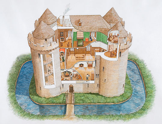 Cutaway reconstruction drawing of the great tower of Nunney Castle as it might have appeared in the 1580s