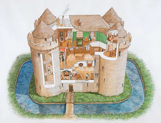 Cutaway reconstruction drawing of the great tower of Nunney Castle as it might have appeared in the 1580s